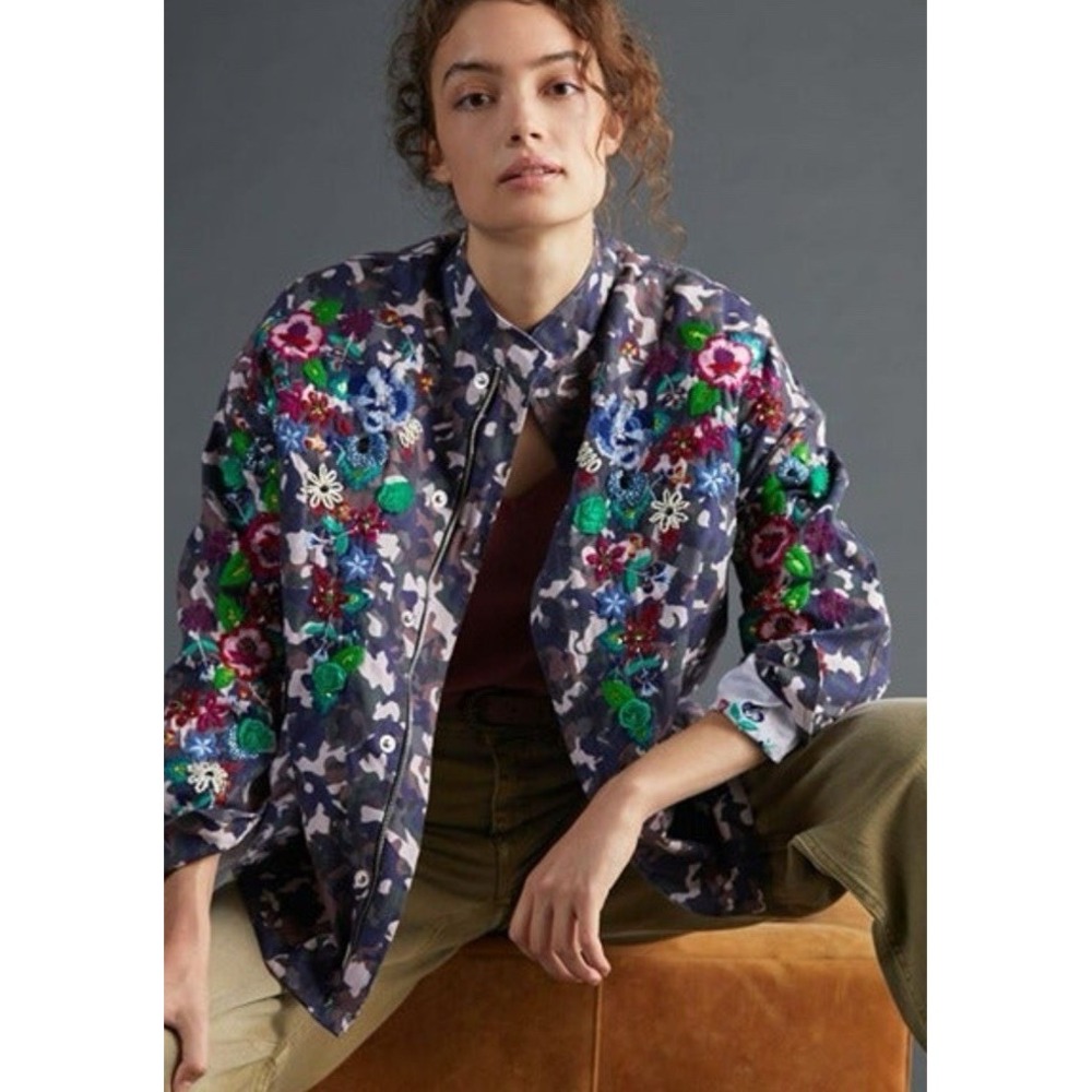 Anthropologie Camo Beaded Embroider Jacket Coat Sz M